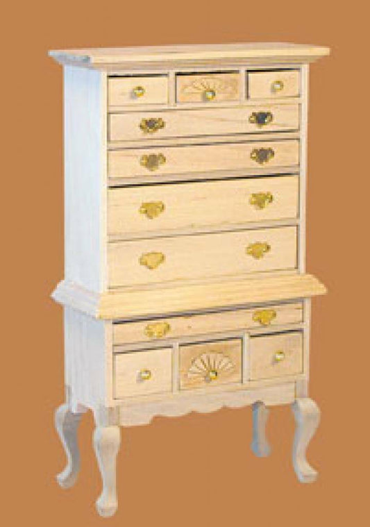 Bare Wood Chippendale Highboy Dolls House Miniature Furniture, Shelf, Drawers