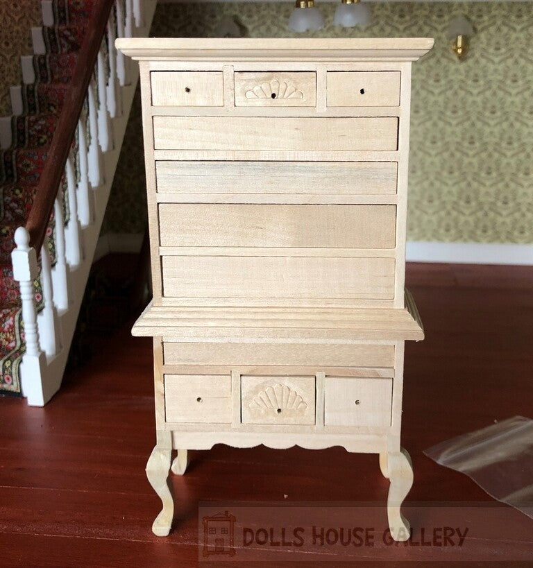 Bare Wood Chippendale Highboy Dolls House Miniature Furniture, Shelf, Drawers