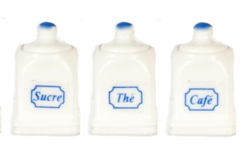 3 Cosmopolitan Canisters with Lids, Dolls House Miniature Tea Coffee Sugar Pots