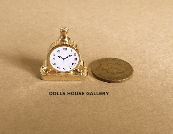 Golden Metal Mantel Clock, Dolls House Miniature, 1.12 Scale