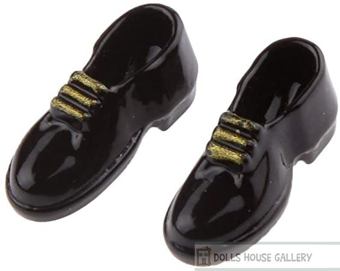 Mens Black Shoes With Gold Laces, Dolls House Miniature Clothing Accessory 1/12