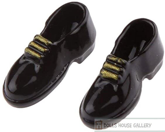 Mens Black Shoes With Gold Laces, Dolls House Miniature Clothing Accessory 1/12