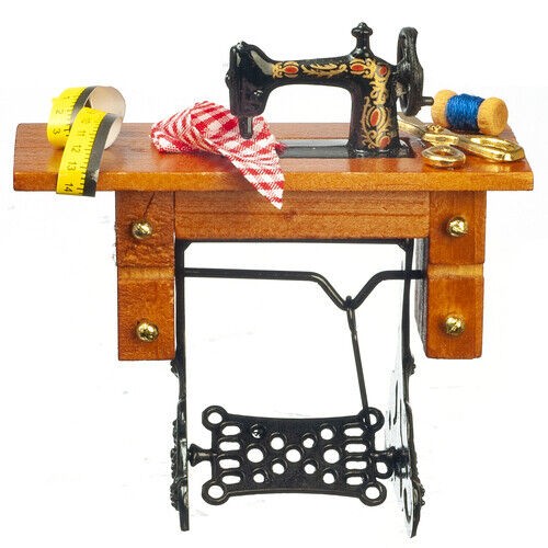 Wood Sewing Machine & Accessories, Doll House Miniature, Sew Room