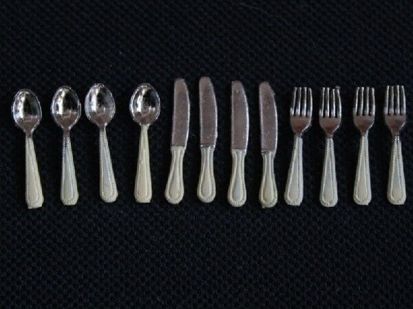 Cutlery Set Ivory Coloured Handles, Dolls House Kitchen Dining Accessory, Mini