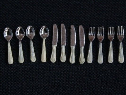 Cutlery Set Ivory Coloured Handles, Dolls House Kitchen Dining Accessory, Mini
