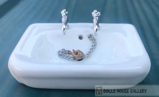 Ceramic Sink with Taps & Plug, Dolls House Miniature, Bathroom Kitchen