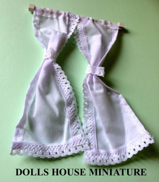 White Curtains With White Pole, 1.12th Scale Doll House Accessory, Decor Window.