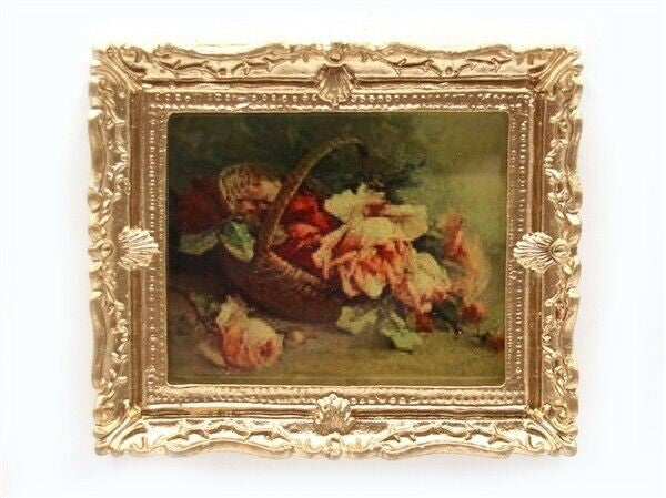 Ornate Gold Framed Picture Of Roses In  Basket, Dolls House Miniature Wall Decor