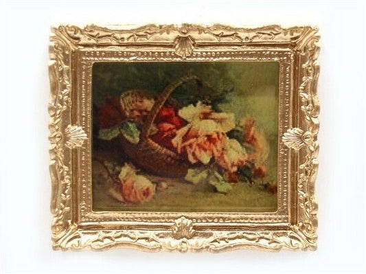 Ornate Gold Framed Picture Of Roses In  Basket, Dolls House Miniature Wall Decor