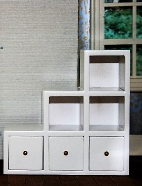 White Modern Shelf Unit With Drawers, Left side, Doll House Miniature, 1.12th