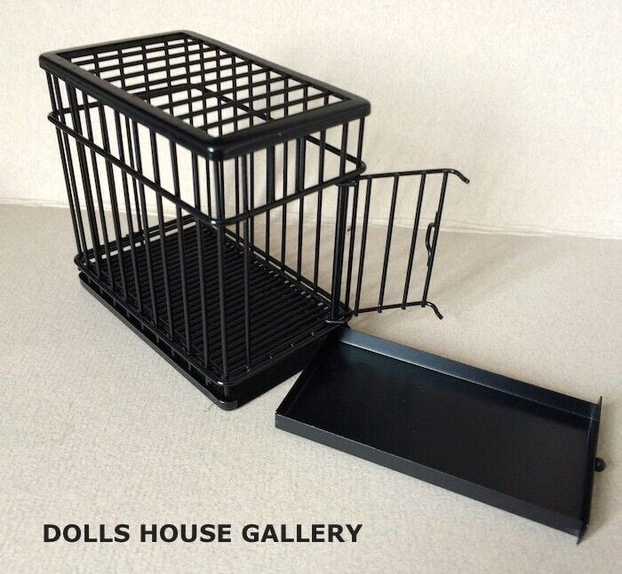 Small Black Metal Dog / Pet Cage With Opening Door, Dolls House Miniature, 24th