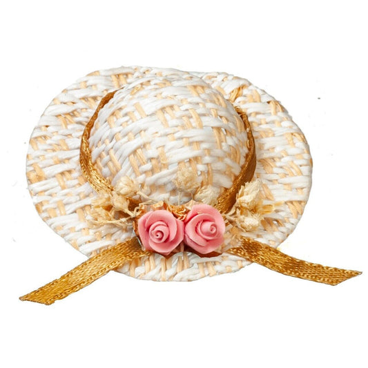 Straw Hat With Pink Flower, Dolls House Miniature, Doll Clothing