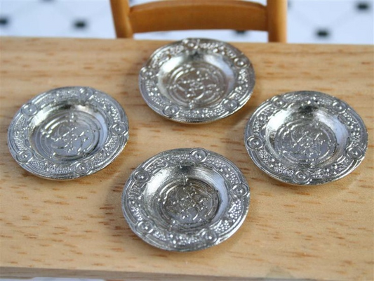 Set of Four Pewter Plates / Platters, Dolls House Miniatures, Dinner