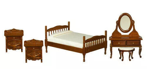 Walnut Bedroom Set, Bed, Bedside Cabinets & Dressing Table w/ Stool