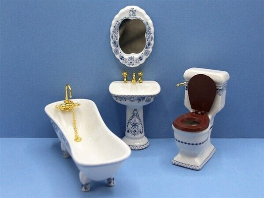 Blue & White 4 Piece Bathroom Suite, Dolls House 1.12 Scale Bath, Sink, Toilet