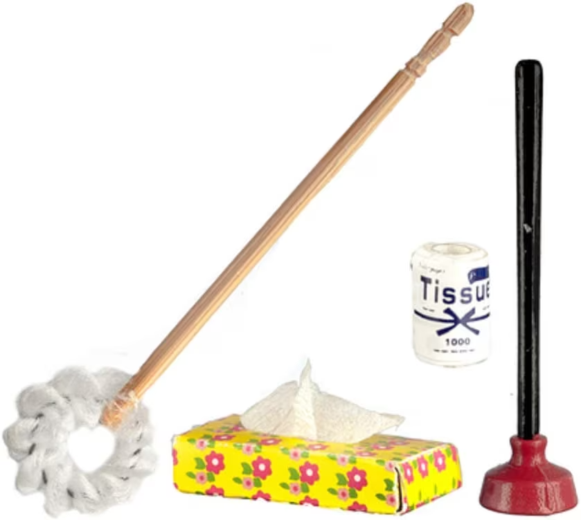 Dolls House Traditional Toilet Brush Tissue Plunger, Cleaning Accessory 1/12