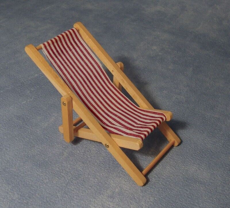 Dolls House Miniature Red & White Striped Deck Chair, Seaside Beach