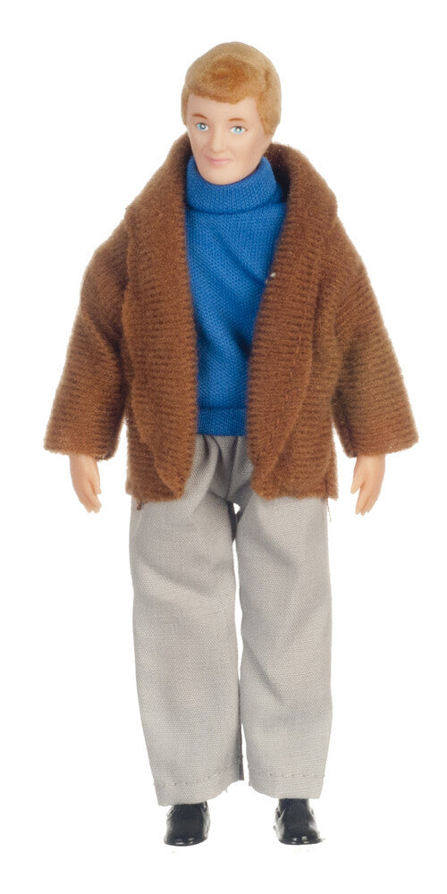 Father Doll In Brown Coat, Dolls House Miniature 1/12 Scale Female