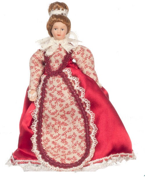Victorian Mother Doll In Red Dress, Dolls House Miniature, 1.12 Scale