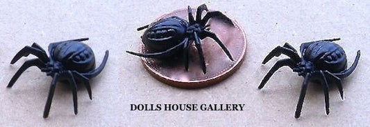 3 Black Spiders miniatures insects garden outdoor, Halloween, Creepy Crawly, UK