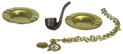 Two Ashtrays, One Pipe & Stopwatch, Doll House Miniature, 1.12th Scale Accessory
