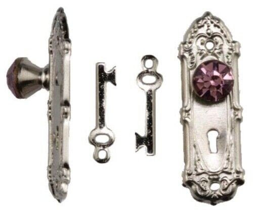 Purple Crystal Opryland Door Handles In Black With Keys, Dolls House Miniatures
