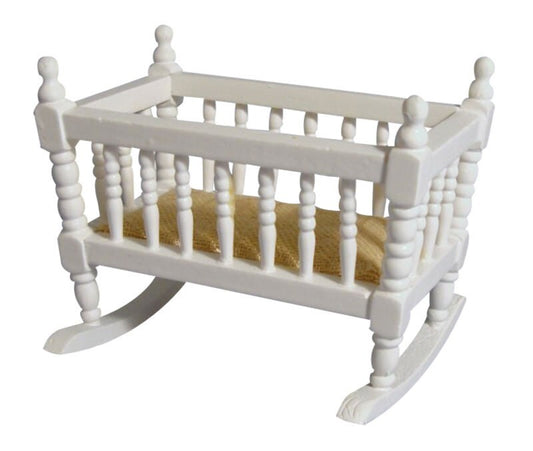 White Wood Rocking Cradle, Dolls House Miniature, Nursery Furniture, Baby
