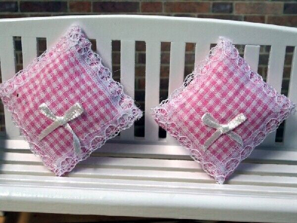 Pair of Cushions Pink Gingham, Dolls House Miniature, Decor Sofa Settee May Vary