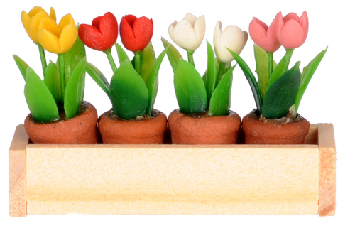 Wood Window Box With Flowers, Dolls House Miniature 1.12 Scale, Garden