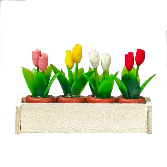 Wooden Window Box With Tulip Flowers, Dolls House Miniature, 1.12 Scale, Garden