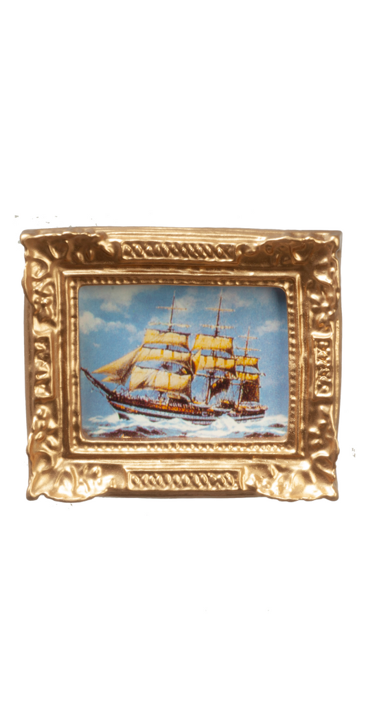 Ornate Golden Framed Ship Picture , Dolls House Miniature, Wall Decor, Frame