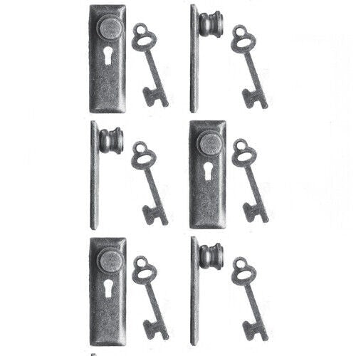 24th Scale Door Knob & Plate With Keys 6 Pack Pewter, Dolls House Miniatures, UK
