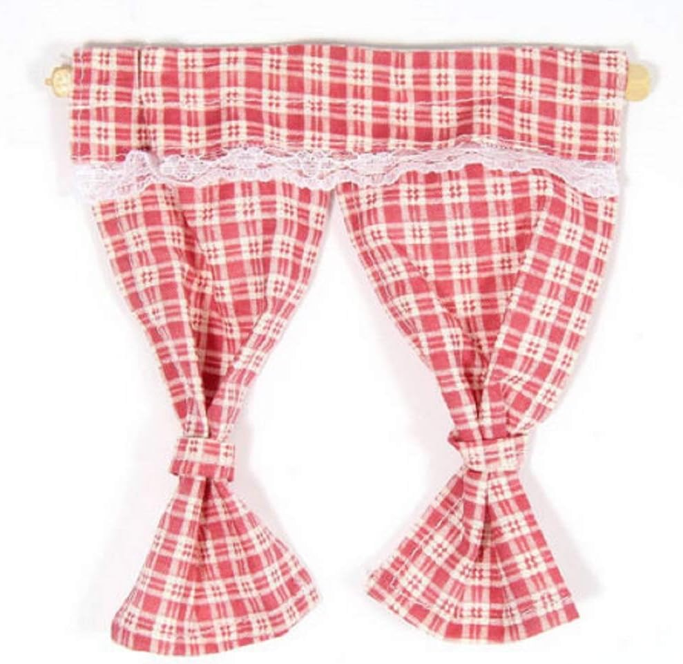Red Pink Gingham Curtains Tied Back on Rail Window, Dolls House Miniatures