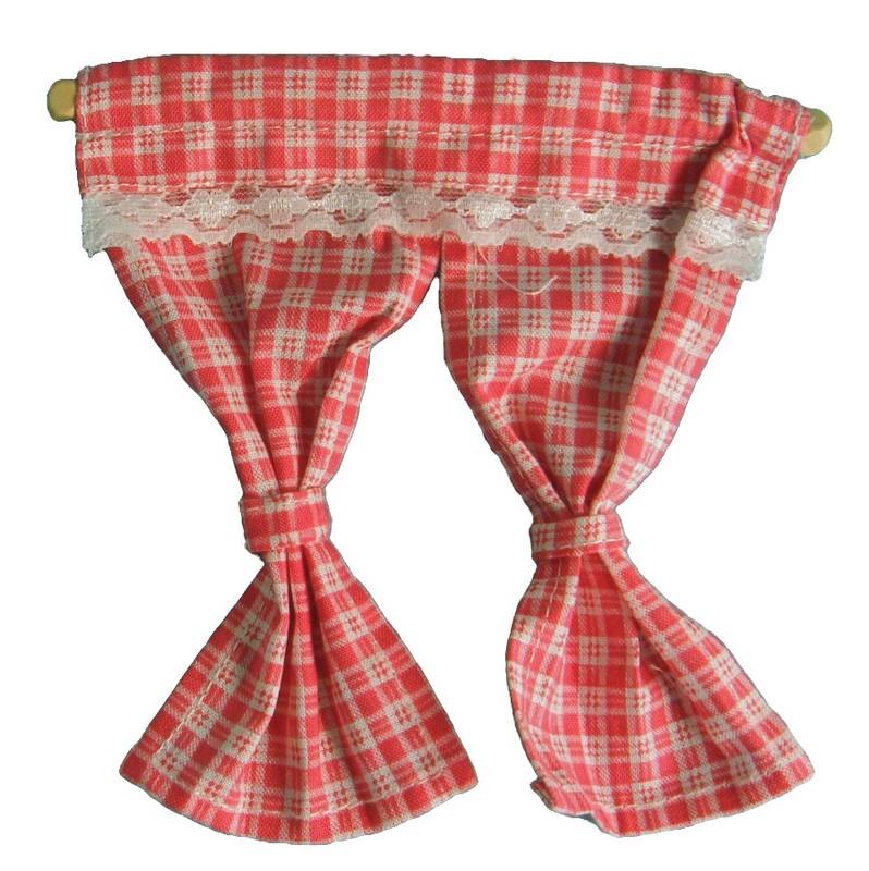 Red Pink Gingham Curtains Tied Back on Rail Window, Dolls House Miniatures