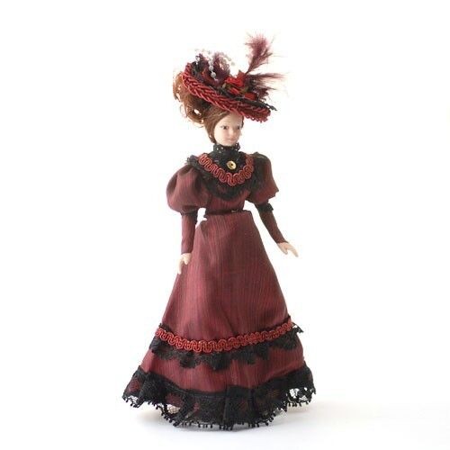 Porcelain Victorian Lady in Burgundy Dress & Hat, 1.12th Scale Doll