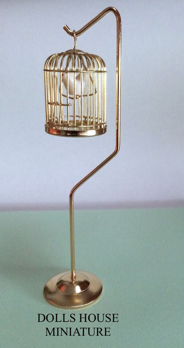 Golden Birdcage & Stand With Bird, Dolls House Miniature 1.12 Scale Bird