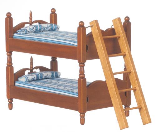 Bunk beds in walnut & ladder, pattern on the mattress dolls house miniature