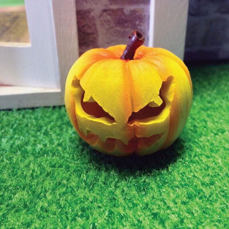 Large carved pumpkin, dolls house miniatures, halloween garden accessory