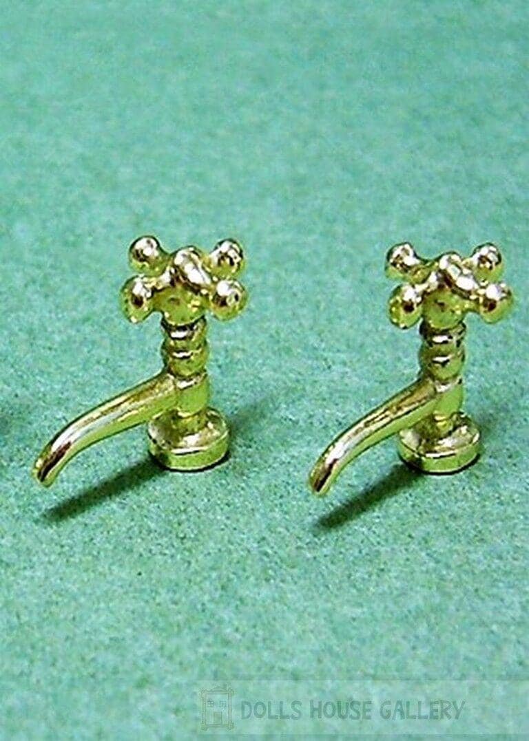 One pair of gold coloured taps, doll house miniatures, diy fixture bathroom tap