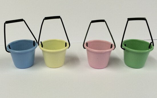 4 Coloured Metal Buckets 4 Colours, Doll House Miniature, Beach Sea