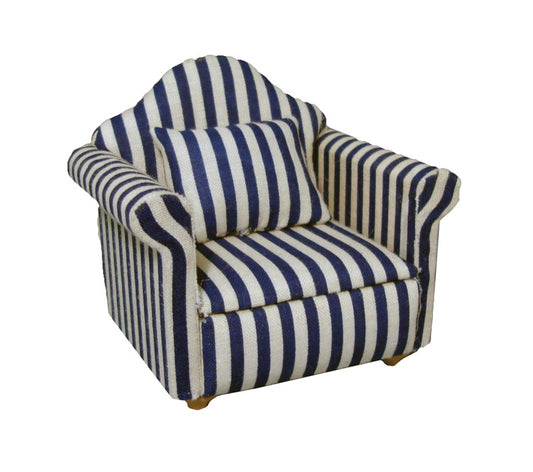 Blue & White Striped Armchair, Dolls House Miniature Furniture, 1.12 Scale