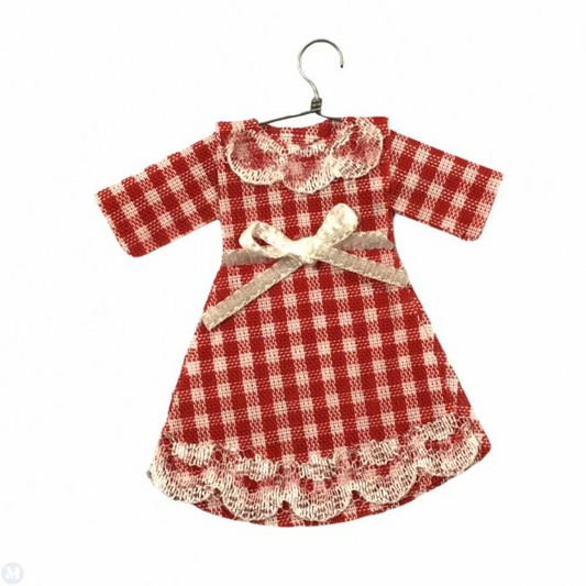 Red Gingham Child's Dress On Hanger, Dolls House Miniature Doll Accessory