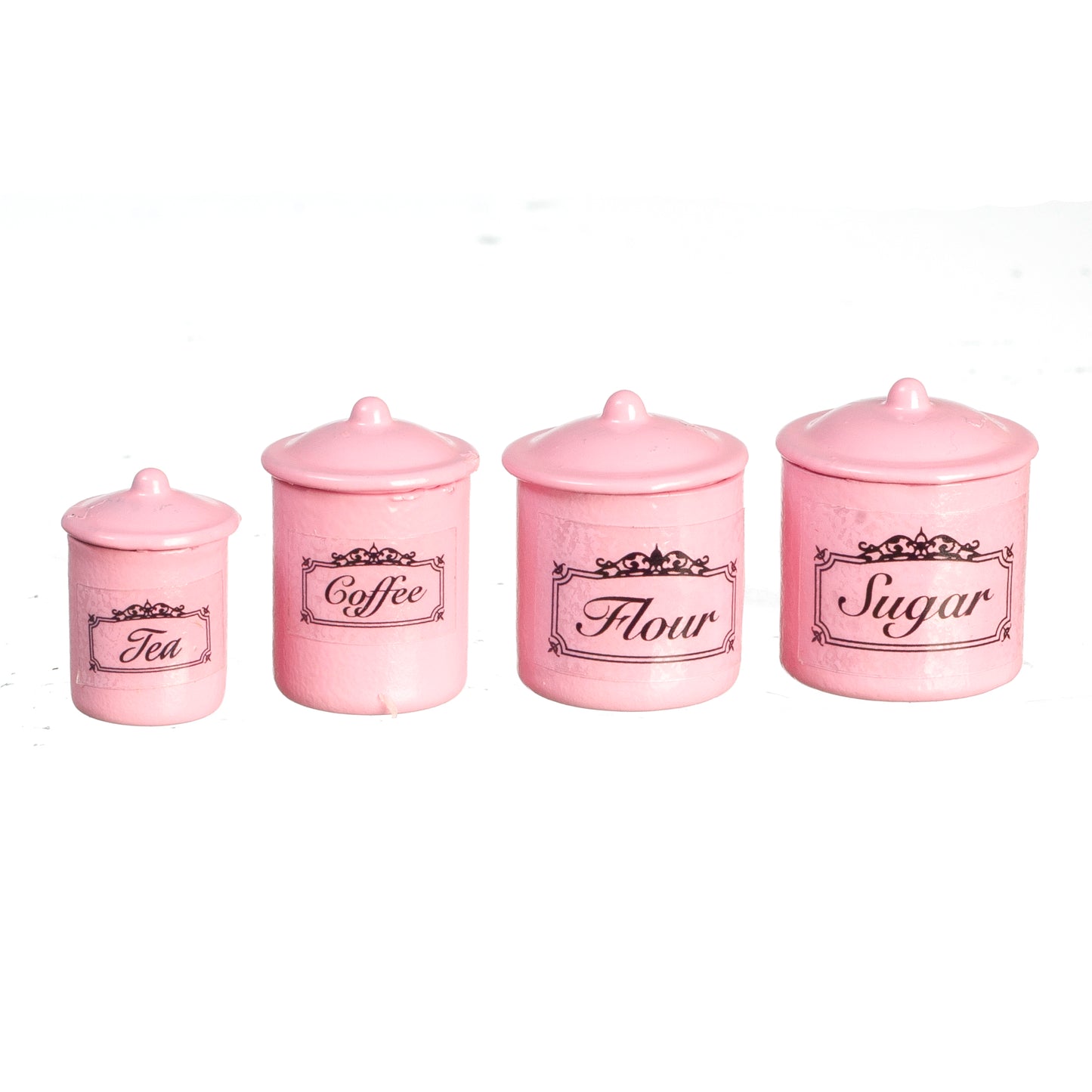 3 Cosmopolitan Canisters with Lids, Dolls House Miniature Tea Coffee Sugar Pots