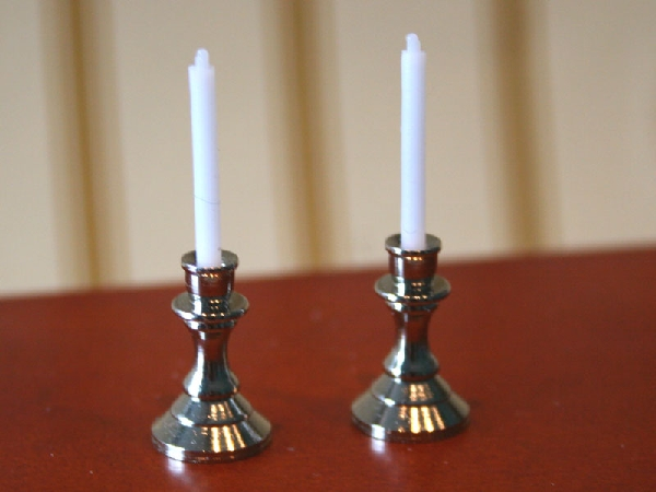 Silver Candlesticks, Dolls House Miniature, Metal, Study, Lighting