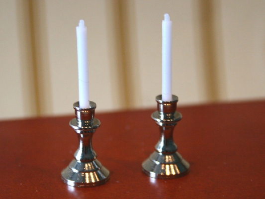 Silver Candlesticks, Dolls House Miniature, Metal, Study, Lighting