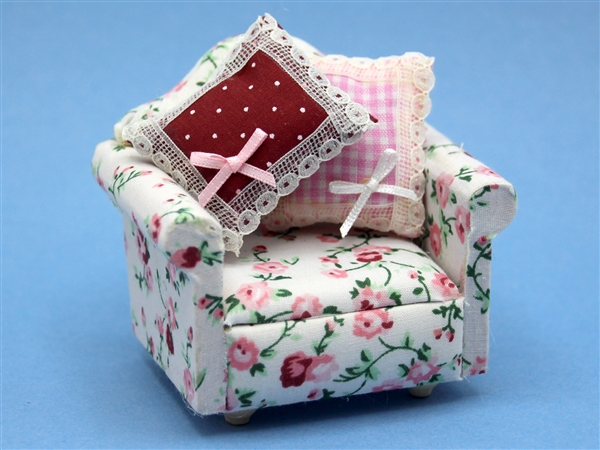 Floral Sofa Chair With Two Cushions, Dolls House Miniature, Furniture, Settee