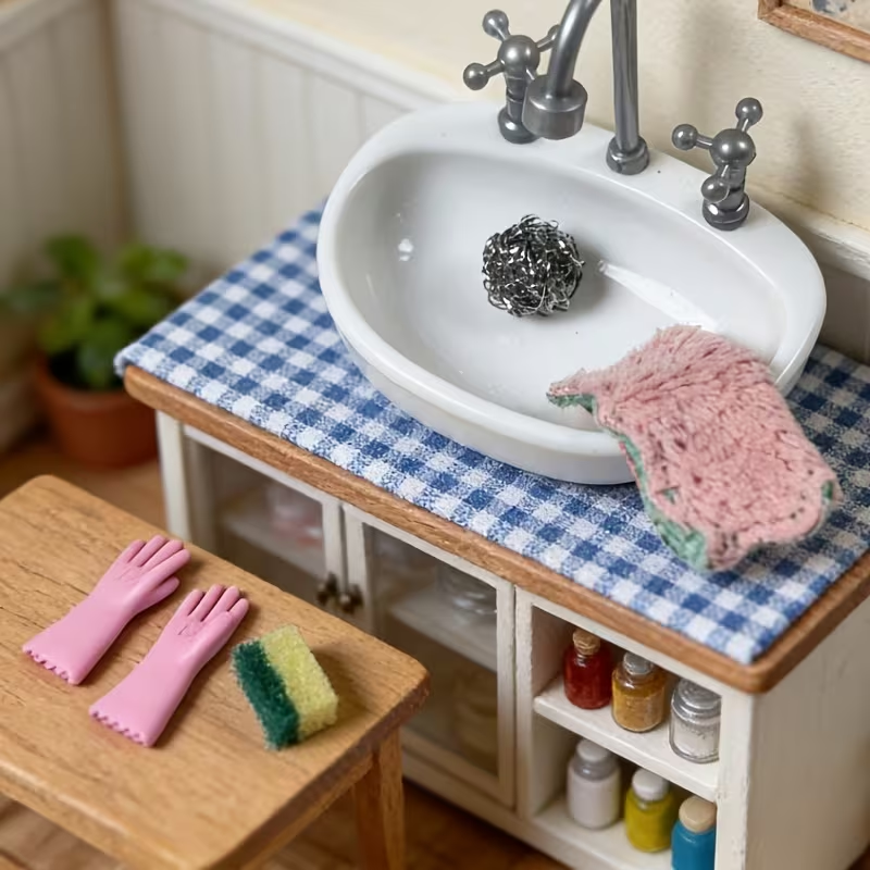 Washing Up Set, Towel, Gloves, Scourer & Sponge, Dolls House Miniature, Kitchen