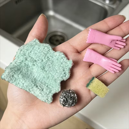 Washing Up Set, Towel, Gloves, Scourer & Sponge, Dolls House Miniature, Kitchen