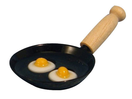 Frying Pans With Eggs & Wooden Handle, 1.12 Scale Dolls House Miniature