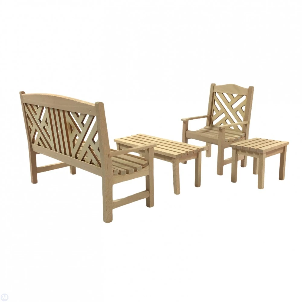 Barewood Garden Set, Dolls House Miniature, Bench, Chairs, Table, 1.12 Scale